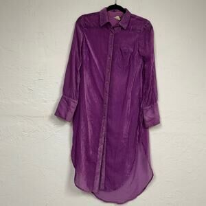 Akemi Kin Purple Velvet Burnout Button Down Tunic Women XS Oversized Sheer Boho